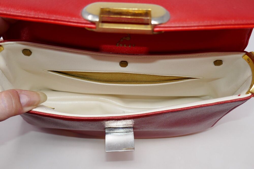Koret Vintage 1950s 1960s Mid Century Two Tone Clasp Red Leather Top Handle Bag - Picture 7 of 16